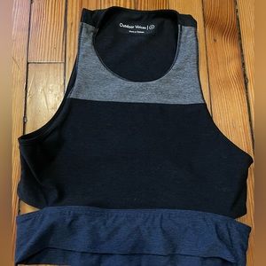 Outdoor Voices tri-color sports bra with back cut out